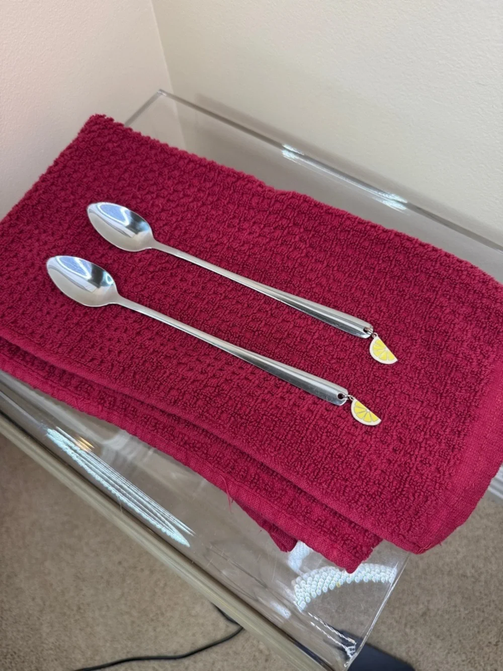 Crate&Barrel Silver Long-Handled Serving Spoons with Yellow Lemon Charms